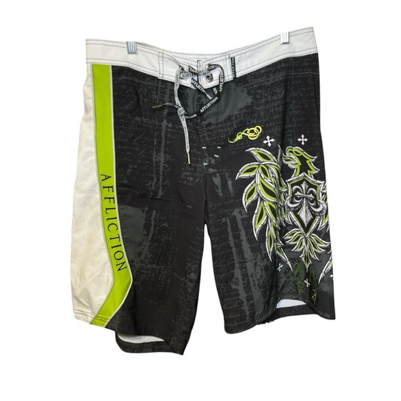 Affliction Board Shorts Black Neon Green Beach Pool Vacation Summer Watersports - Picture 1 of 9